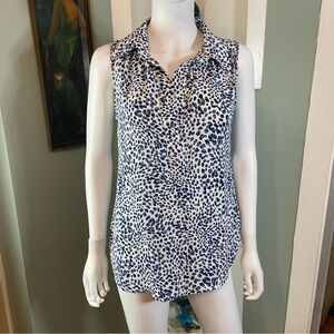 Cabi Catwalk Leopard Cheetah Blue White Collared Sleeveless Blouse Tank Top 5912
